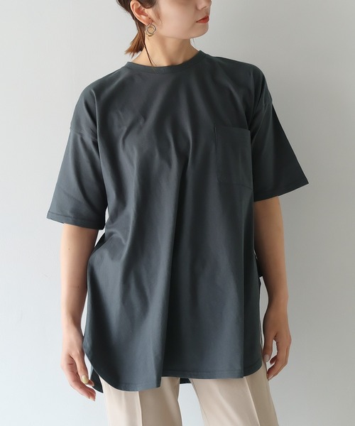 VitaFelice(ヴィータフェリーチェ)の「USAコットンロングビッグTシャツ(半袖)(Tシャツ/カットソー・レディース・ベージュ系その他/チャコールグレー/カーキ/オフホワイト・FREE)」の3枚目の写真