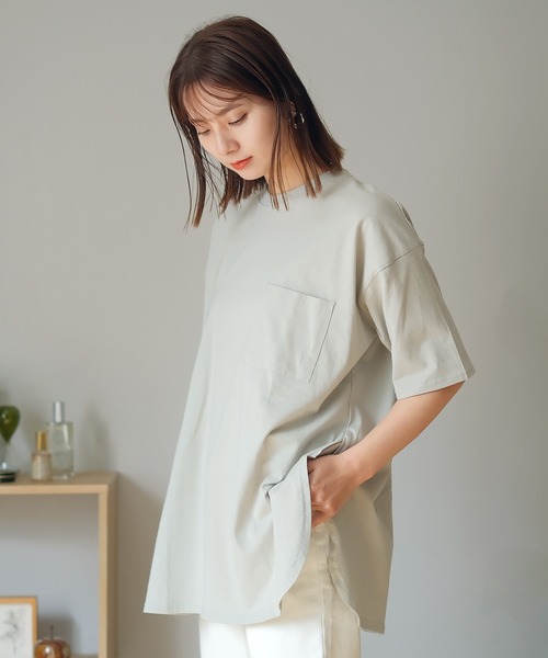 VitaFelice(ヴィータフェリーチェ)の「USAコットンロングビッグTシャツ(半袖)(Tシャツ/カットソー・レディース・ベージュ系その他/チャコールグレー/カーキ/オフホワイト・FREE)」の9枚目の写真