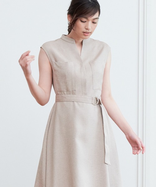 美品 アナイ ANAYI リネンオックススラッシュネックワンピース ベージュ Ｌ ANAYI（アナイ）の「リネンオックススラッシュネックワンピース