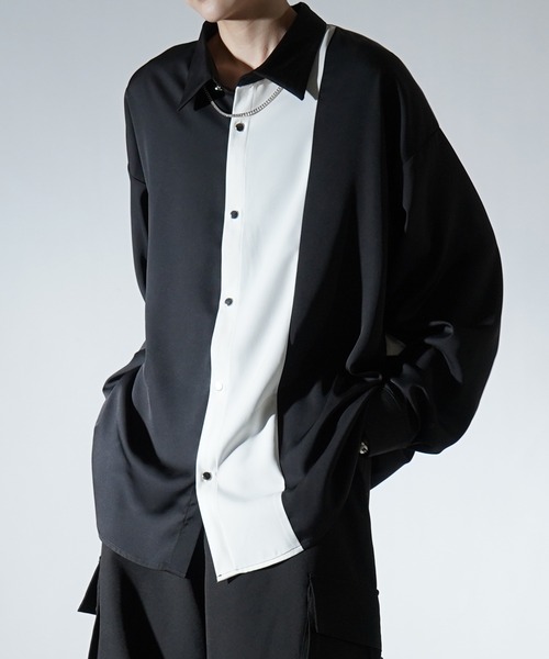 Confirm（コンファーム）の「アシンメトリーキリカエ / 襟配色クレリック ドレープとろみ ビッグシルエット長袖シャツ ユニセックス【Confirm】（シャツ/ブラウス・メンズ・ホワイト/ブラック/ベージュ/ブラウン/グレー/サックスブルー/ピンク/アイボリー/ミント/ブラック系その他/ベージュ系その他/コーラル/ホワイト系その他/ブラック系その他2/ブルー/ブラック系1/グリーン系/ブルー系/ホワイト系/ブラック系/ブラウン系・FREE/M/L/XL）」の8枚目の写真