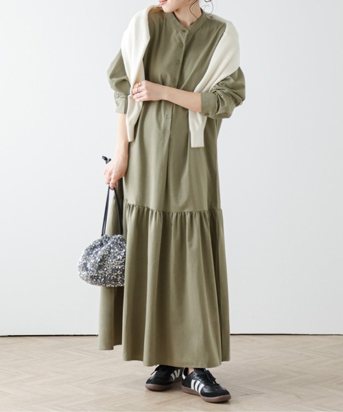 セール】バンドカラー裾ティアードワンピース（ワンピース）｜La-gemme