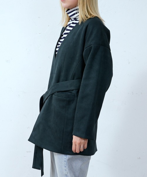 CIAOPANIC(チャオパニック)の「■フェイクスウェードガウン(ノーカラージャケット・レディース・ブラック/グリーン・FREE)」の9枚目の写真
