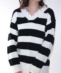 one way | 【oneway Jeans】ボーダーブロークンVネックニット(ニット/セーター)