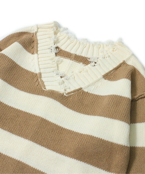 one way(ワンウェイ)の「【oneway Jeans】ボーダーブロークンVネックニット(ニット/セーター・レディース・ライトグレー/ブラック/ベージュ・FREE)」の14枚目の写真