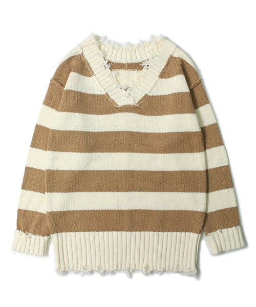 one way(ワンウェイ)の「【oneway Jeans】ボーダーブロークンVネックニット(ニット/セーター・レディース・ライトグレー/ブラック/ベージュ・FREE)」の20枚目の写真