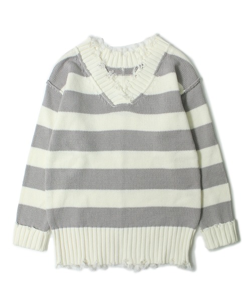one way(ワンウェイ)の「【oneway Jeans】ボーダーブロークンVネックニット(ニット/セーター・レディース・ライトグレー/ブラック/ベージュ・FREE)」の22枚目の写真
