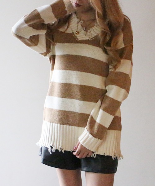 one way(ワンウェイ)の「【oneway Jeans】ボーダーブロークンVネックニット(ニット/セーター・レディース・ライトグレー/ブラック/ベージュ・FREE)」の6枚目の写真