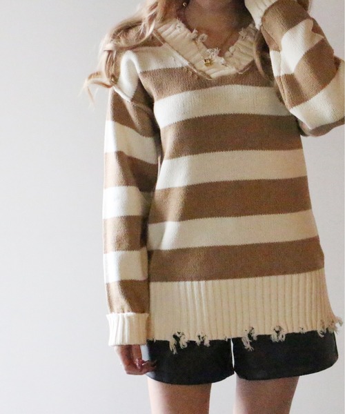 one way(ワンウェイ)の「【oneway Jeans】ボーダーブロークンVネックニット(ニット/セーター・レディース・ライトグレー/ブラック/ベージュ・FREE)」の7枚目の写真