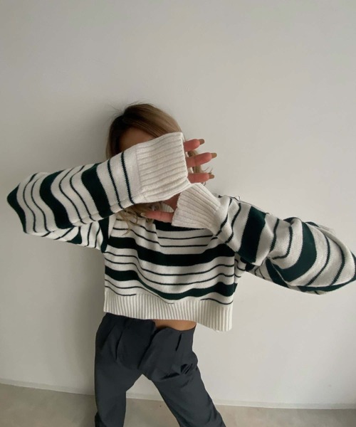 Avvenente（アベネンテ）の「【Avvenente】クロップドボーダーニット（ニット/セーター・レディース・ネイビー/イエロー/グリーン・FREE）」の2枚目の写真