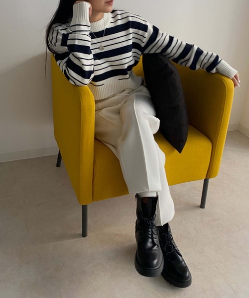 Avvenente（アベネンテ）の「【Avvenente】クロップドボーダーニット（ニット/セーター・レディース・ネイビー/イエロー/グリーン・FREE）」の16枚目の写真