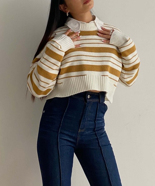 Avvenente（アベネンテ）の「【Avvenente】クロップドボーダーニット（ニット/セーター・レディース・ネイビー/イエロー/グリーン・FREE）」の14枚目の写真