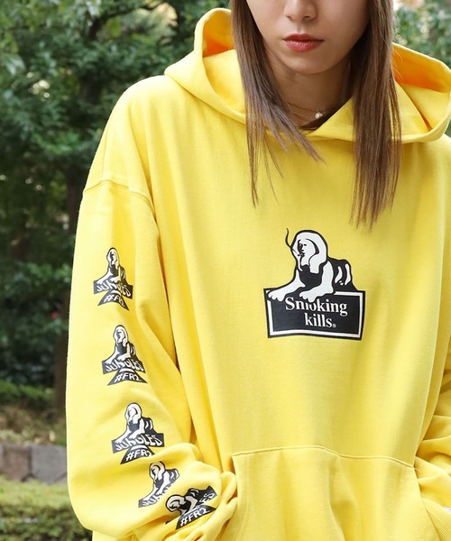 JUNGLES（ジャングルス）の「FR2/エフアールツー×JUNGLES/ジャングルス コラボ Smoking Kills Hoodie パーカー 袖プリント ビッグシルエット（パーカー・メンズ・ブラック/イエロー・M/L/XL）」の13枚目の写真