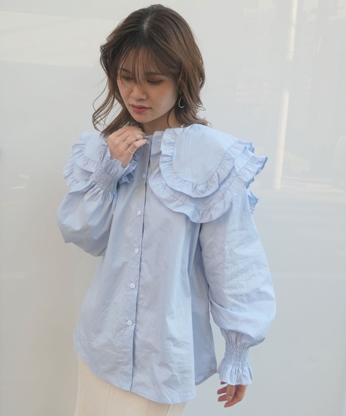 CORNERS(コーナーズ)の「ダブルフリルビッグカラーブラウス(Tシャツ/カットソー・レディース・ベージュ/ブラック/ブルー/ホワイト・M)」の10枚目の写真