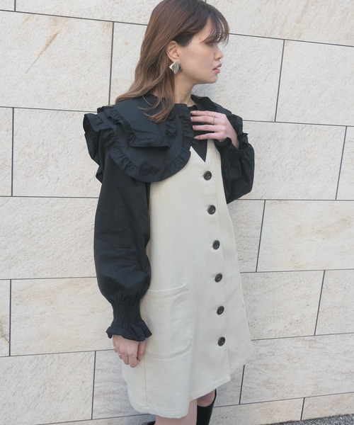 CORNERS(コーナーズ)の「ダブルフリルビッグカラーブラウス(Tシャツ/カットソー・レディース・ベージュ/ブラック/ブルー/ホワイト・M)」の7枚目の写真