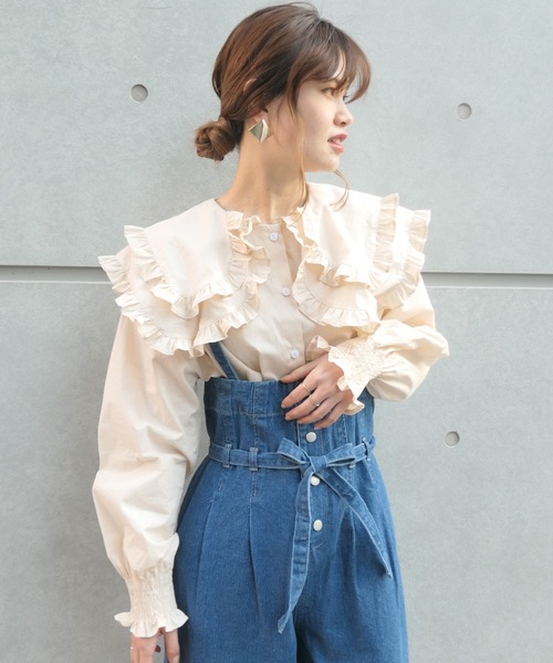 CORNERS(コーナーズ)の「ダブルフリルビッグカラーブラウス(Tシャツ/カットソー・レディース・ベージュ/ブラック/ブルー/ホワイト・M)」の8枚目の写真