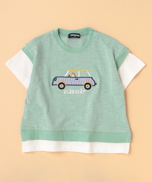 kladskap(クレードスコープ)の「車アップリケベストレイヤード風5分袖Tシャツ(Tシャツ/カットソー・キッズ・ブルー/チャコール・110cm/130cm/120cm/90cm/100cm)」の2枚目の写真