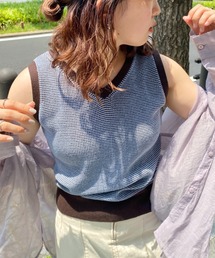 綿アクリル配色ノースリニット