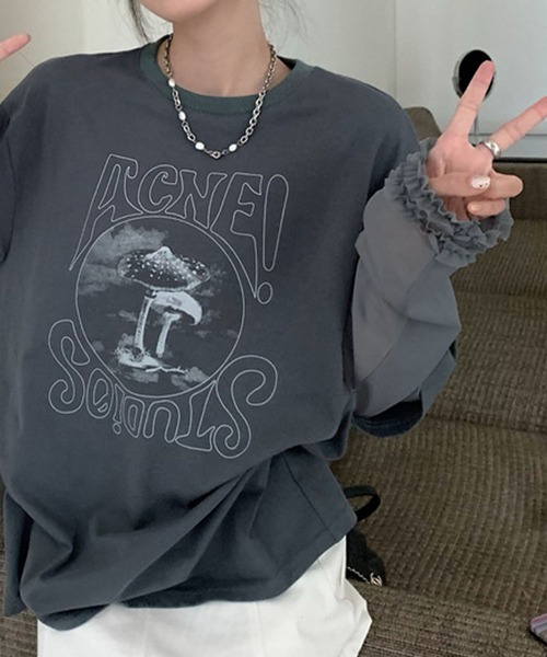 meJane（ミージェーン）の「異素材チュールスリーブドッキングロングＴシャツ（Tシャツ/カットソー・レディース・ヘザーグレー/グレイッシュベージュ・FREE）」の4枚目の写真