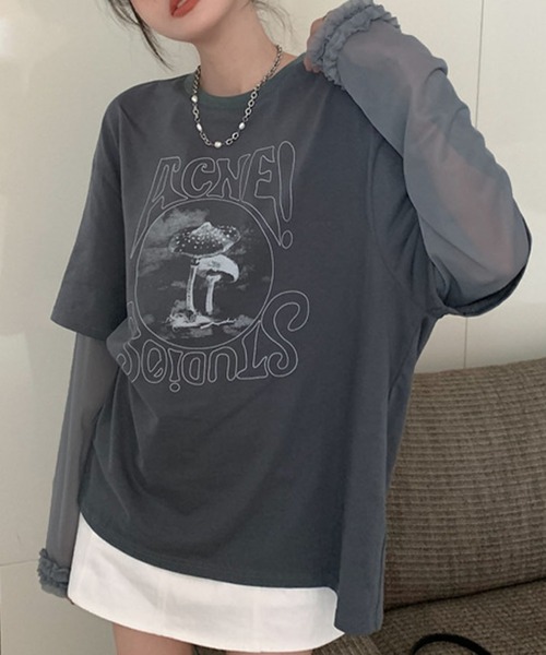 meJane（ミージェーン）の「異素材チュールスリーブドッキングロングＴシャツ（Tシャツ/カットソー・レディース・ヘザーグレー/グレイッシュベージュ・FREE）」の7枚目の写真