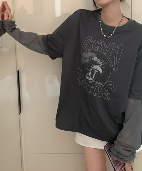 meJane（ミージェーン）の「異素材チュールスリーブドッキングロングＴシャツ（Tシャツ/カットソー・レディース・ヘザーグレー/グレイッシュベージュ・FREE）」の6枚目の写真