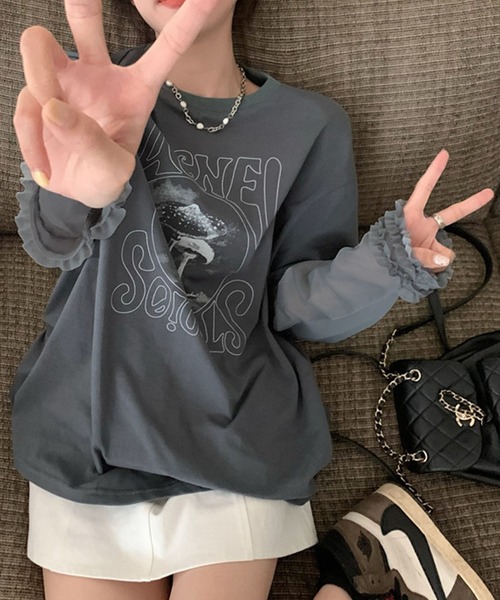 meJane（ミージェーン）の「異素材チュールスリーブドッキングロングＴシャツ（Tシャツ/カットソー・レディース・ヘザーグレー/グレイッシュベージュ・FREE）」の8枚目の写真