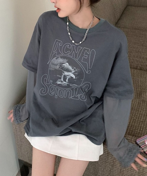 meJane（ミージェーン）の「異素材チュールスリーブドッキングロングＴシャツ（Tシャツ/カットソー・レディース・ヘザーグレー/グレイッシュベージュ・FREE）」の9枚目の写真