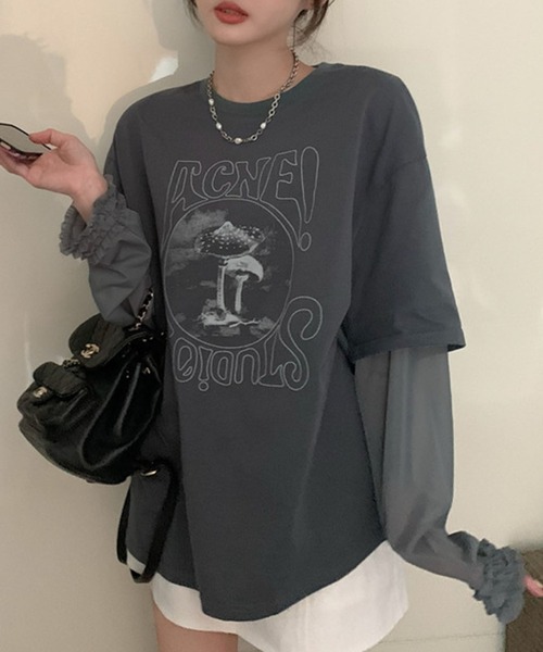 meJane（ミージェーン）の「異素材チュールスリーブドッキングロングＴシャツ（Tシャツ/カットソー・レディース・ヘザーグレー/グレイッシュベージュ・FREE）」の5枚目の写真