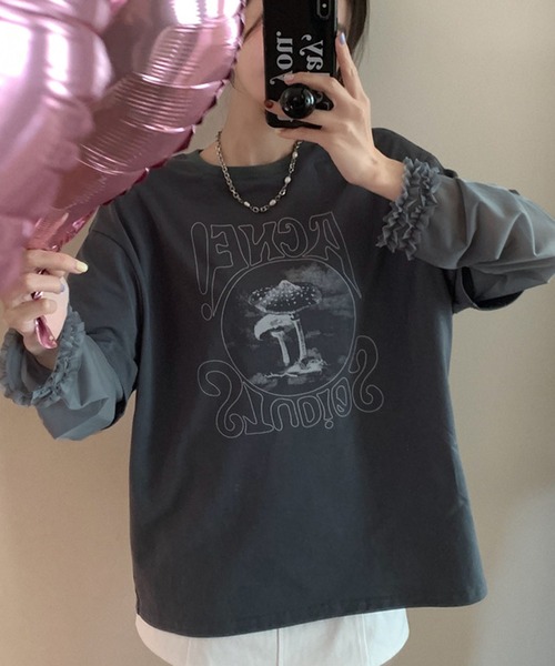 meJane（ミージェーン）の「異素材チュールスリーブドッキングロングＴシャツ（Tシャツ/カットソー・レディース・ヘザーグレー/グレイッシュベージュ・FREE）」の11枚目の写真