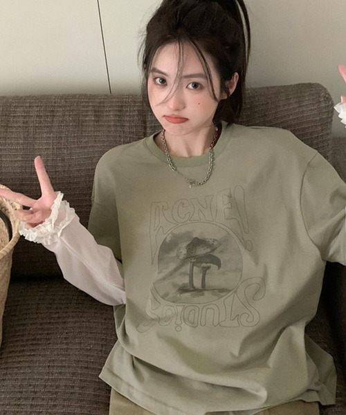 meJane（ミージェーン）の「異素材チュールスリーブドッキングロングＴシャツ（Tシャツ/カットソー・レディース・ヘザーグレー/グレイッシュベージュ・FREE）」の14枚目の写真