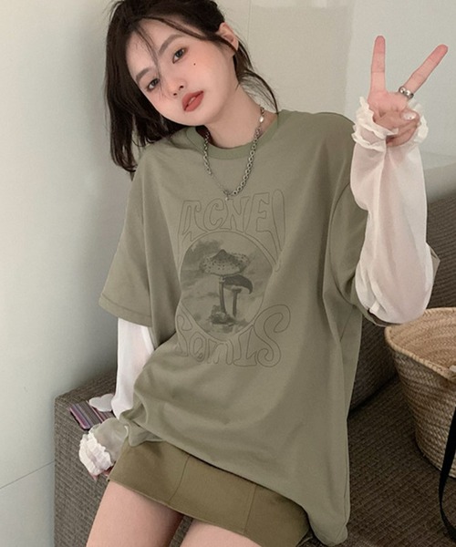 meJane（ミージェーン）の「異素材チュールスリーブドッキングロングＴシャツ（Tシャツ/カットソー・レディース・ヘザーグレー/グレイッシュベージュ・FREE）」の15枚目の写真