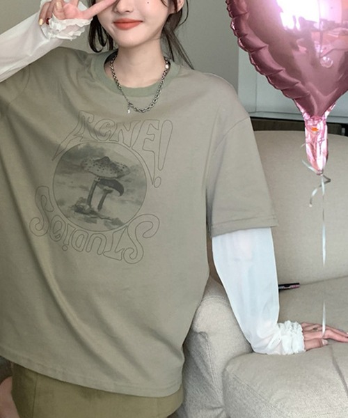 meJane（ミージェーン）の「異素材チュールスリーブドッキングロングＴシャツ（Tシャツ/カットソー・レディース・ヘザーグレー/グレイッシュベージュ・FREE）」の13枚目の写真