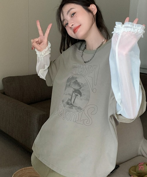 meJane（ミージェーン）の「異素材チュールスリーブドッキングロングＴシャツ（Tシャツ/カットソー・レディース・ヘザーグレー/グレイッシュベージュ・FREE）」の12枚目の写真