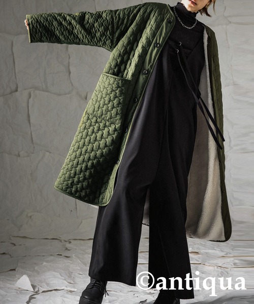 antiqua(アンティカ)の「×スタイルアップ叶う♪キルティングボアコート(モッズコート・レディース・ブラック/カーキ・FREE)」の10枚目の写真