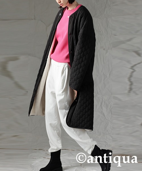 antiqua(アンティカ)の「×スタイルアップ叶う♪キルティングボアコート(モッズコート・レディース・ブラック/カーキ・FREE)」の6枚目の写真