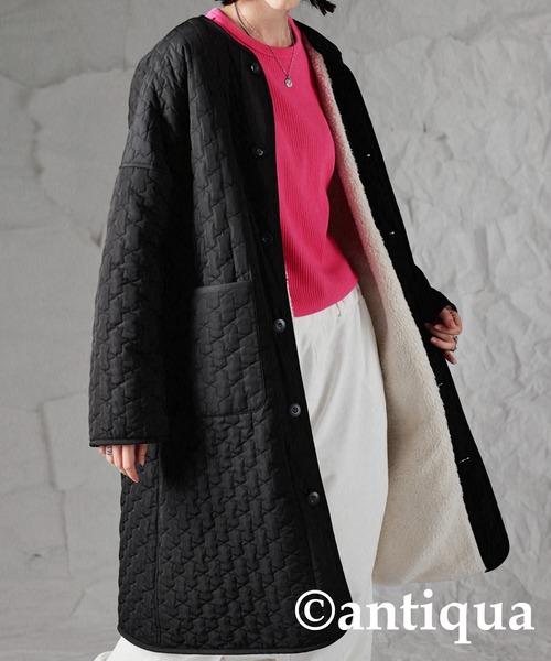 antiqua(アンティカ)の「×スタイルアップ叶う♪キルティングボアコート(モッズコート・レディース・ブラック/カーキ・FREE)」の8枚目の写真