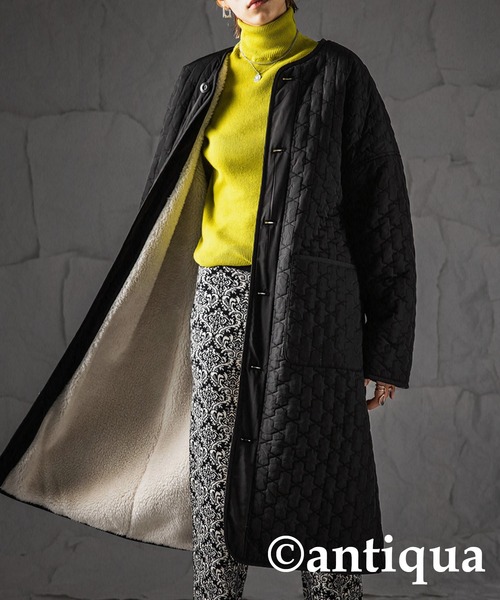 antiqua(アンティカ)の「×スタイルアップ叶う♪キルティングボアコート(モッズコート・レディース・ブラック/カーキ・FREE)」の4枚目の写真