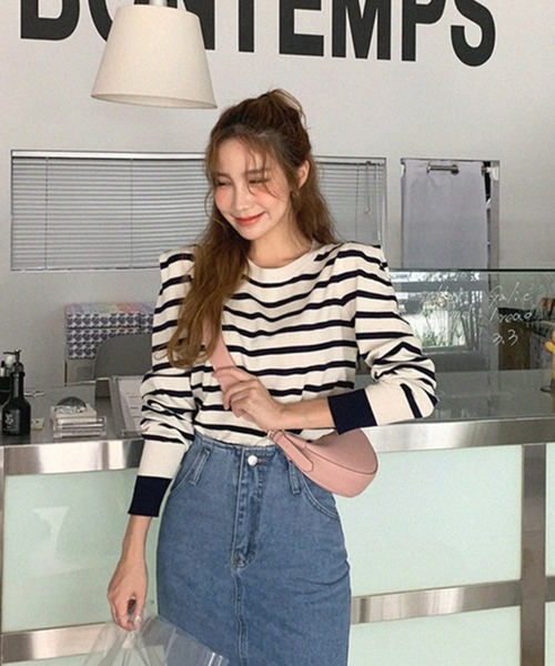 VitaFelice（ヴィータフェリーチェ）の「パフスリーブ ボーダーカットソー（Tシャツ/カットソー・レディース・アイボリー/ネイビー・FREE）」の7枚目の写真