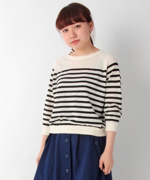 THE EMPORIUM(ジエンポリアム)の「綿麻ボーダーニットソー(ニット/セーター・レディース・グリーン/レッド/ブルー/ブラック・38/40)」の2枚目の写真