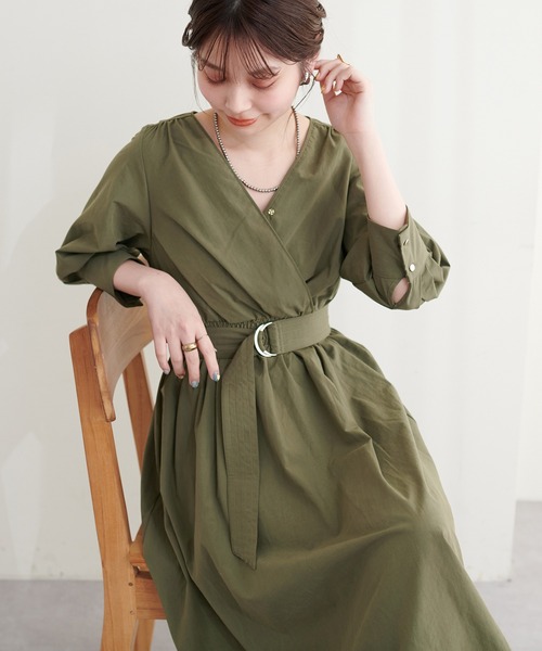 natural couture(ナチュラルクチュール)の「Dかんベルト付きカシュクールワンピース(ワンピース・レディース・ネイビー/カーキ/ベージュ/ストライプ/その他1/パープル・FREE)」の12枚目の写真