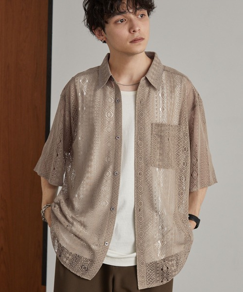 MONO-MART(モノマート)の「レースシアールーズ半袖シャツ(シャツ/ブラウス・メンズ・チャコールグレー/ホワイト/ブラウン/ブラック/グレイッシュベージュ/ブラック系2/ブルー/モカ/ダークグレー/グレー系/ダークネイビー/オリーブ・M/L/S)」の9枚目の写真