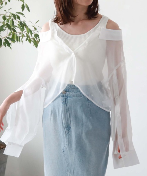 archives(アルシーヴ)の「シアーマルチシャツ×ニットタンクSET(シャツ/ブラウス・レディース・ブラック/ベージュ/オフホワイト/ピンク・MEDIUM)」の1枚目の写真