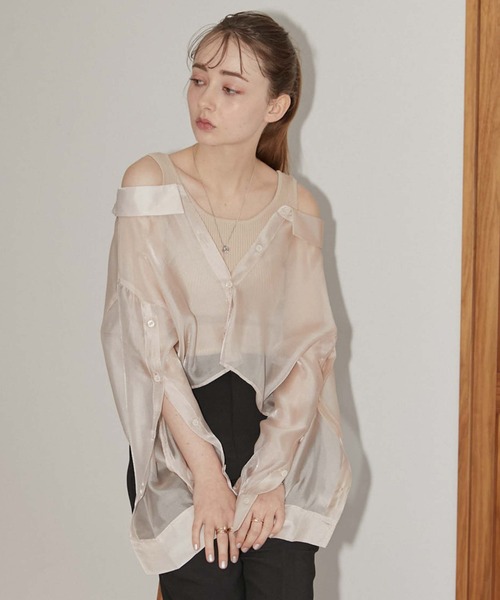 archives(アルシーヴ)の「シアーマルチシャツ×ニットタンクSET(シャツ/ブラウス・レディース・ブラック/ベージュ/オフホワイト/ピンク・MEDIUM)」の9枚目の写真