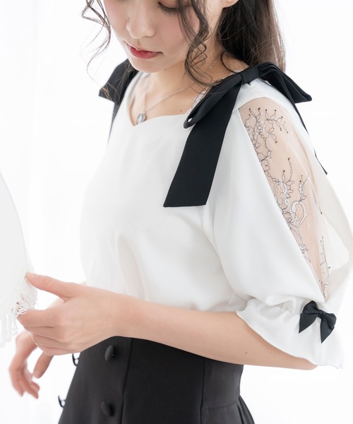 DearMyLoveRose（ディアマイラブローズ）の「2way肩リボンハートネックブラウス（シャツ/ブラウス・レディース・オフホワイト/ベビーピンク/ブラック/ホワイト・LARGE/XX-LARGE/MEDIUM/X-LARGE）」の6枚目の写真