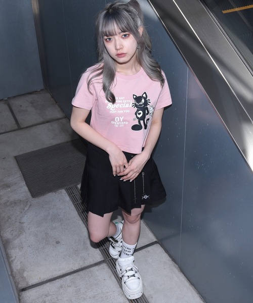 OY（オーワイ）の「『OY/オーワイ』BLACK CAT CROP/ブラックキャット クロップ 半袖カットソー（Tシャツ/カットソー・レディース・ホワイト/ブラック/ライトピンク・FREE）」の21枚目の写真