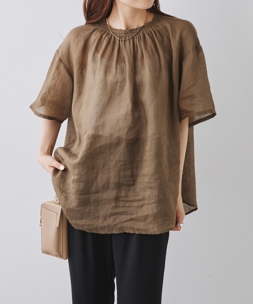 PUAL CE CIN（ピュアルセシン）の「ラミープルオーバーブラウス（シャツ/ブラウス・レディース・オリーブ/オフホワイト/チャコールグレー・FREE）」の3枚目の写真