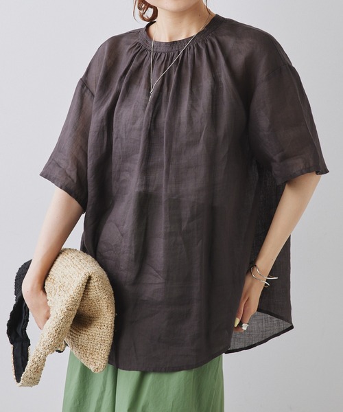 PUAL CE CIN（ピュアルセシン）の「ラミープルオーバーブラウス（シャツ/ブラウス・レディース・オリーブ/オフホワイト/チャコールグレー・FREE）」の2枚目の写真