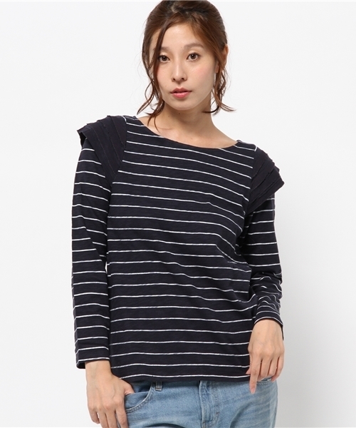 OUTLET（アウトレット）の「【Kastane】断チ切リ肩フリルプルオーバー（ニット/セーター・レディース・グレー/ネイビー/ホワイト・FREE）」の3枚目の写真