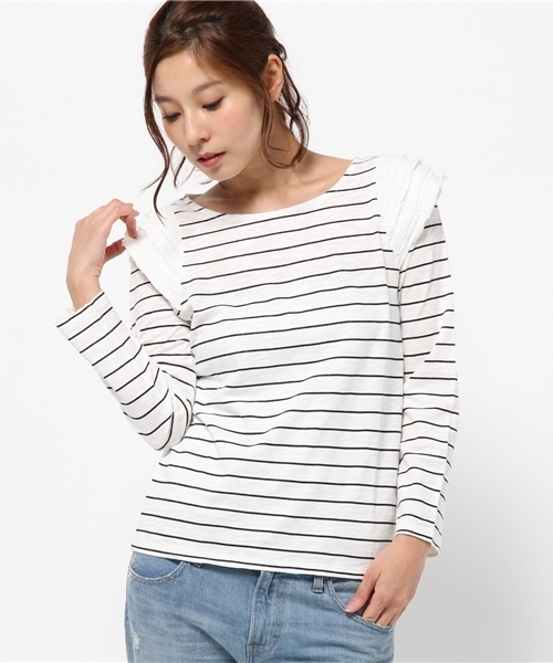 OUTLET（アウトレット）の「【Kastane】断チ切リ肩フリルプルオーバー（ニット/セーター・レディース・グレー/ネイビー/ホワイト・FREE）」の2枚目の写真