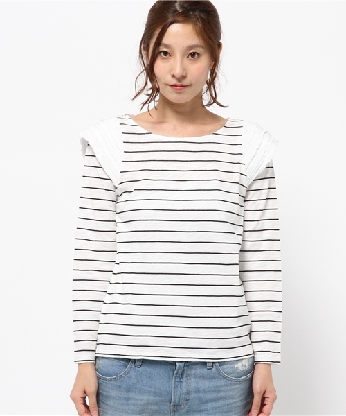 OUTLET（アウトレット）の「【Kastane】断チ切リ肩フリルプルオーバー（ニット/セーター・レディース・グレー/ネイビー/ホワイト・FREE）」の4枚目の写真