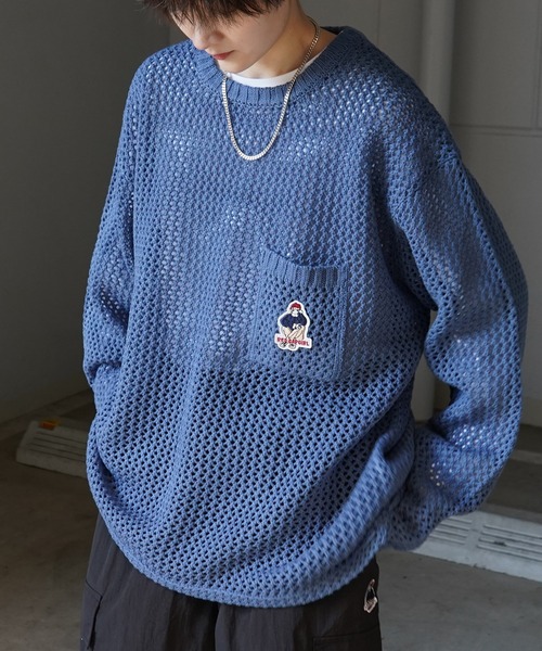Red Cap Girl（レッドキャプガール）の「25SS ビッグシルエット ワンポイント刺繍 メッシュニットプルオーバー ユニセックス（ニット/セーター・メンズ・ブルー/ブラック/ベージュ・M/L）」の20枚目の写真